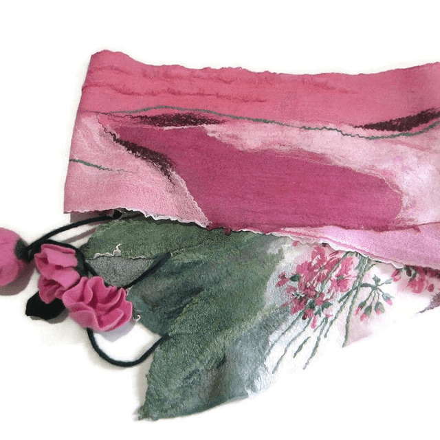 Sciarpa lana merino seta infeltrita fiori Sciarpa rosa lunga calda donna fatto a mano regali unici per le donne