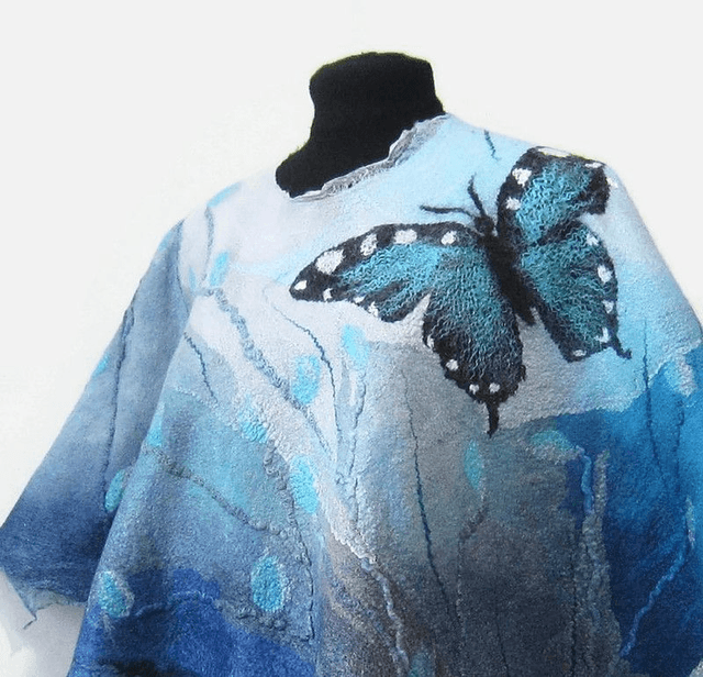 Poncho feltro lana merino sik Poncho fatto a mano donna turchese farfalla blu regalo unico per lei