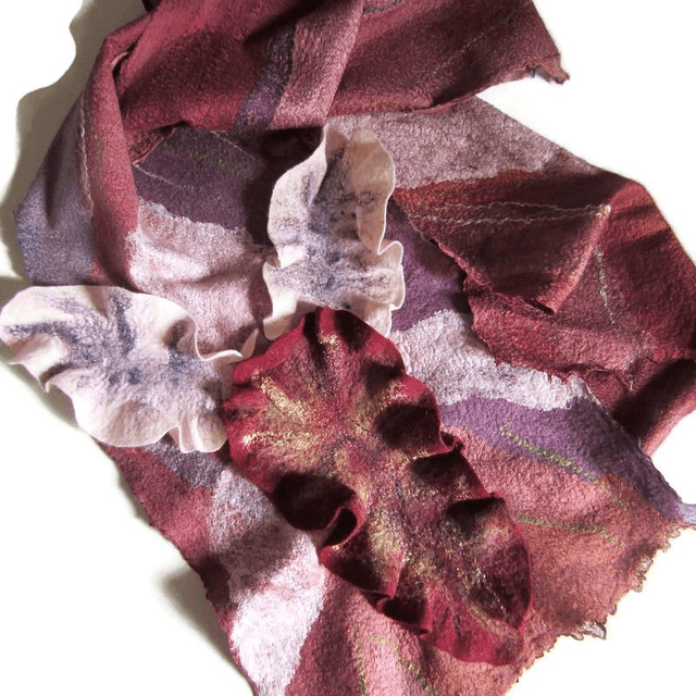 Sciarpa donna lana seta infeltrita Sciarpa bordeaux rosa Infeltrimento fatto a mano Sciarpa lunga calda regalo unico per le donne