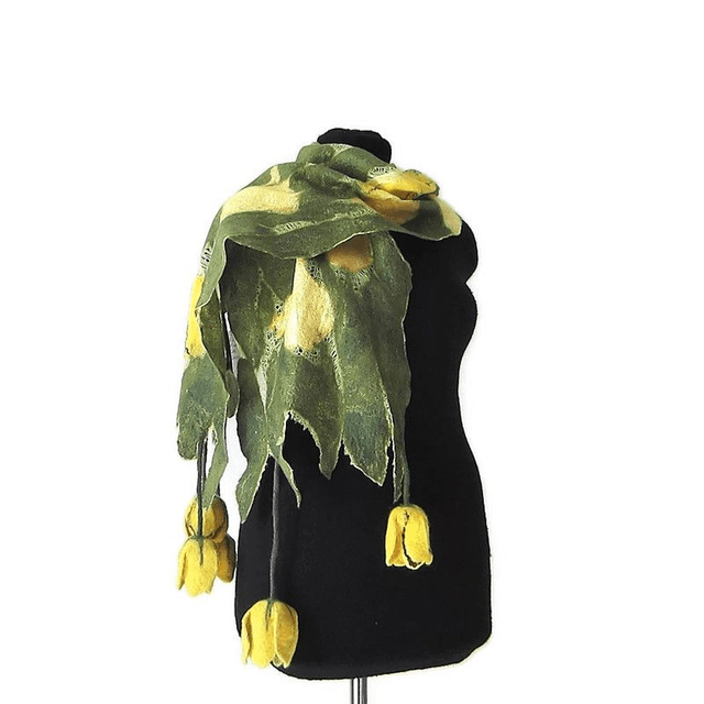 Sciarpa Giallo verde seta lana merino feltro Sciarpa fatta a mano infeltrimento fiori tulipani Sciarpa lunga calda donna Regalo unico