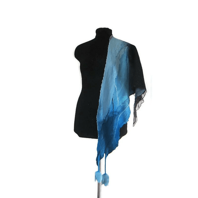 Scialle turchese nero Bactus lana merino seta feltro Fatto a mano Sciarpa infeltrito infeltrimento fiori donna Scialle Regalo unico ragazze