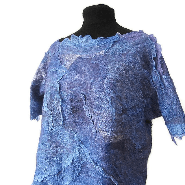 Camicetta da donna in feltro di lana merino fatta a mano Camicetta blu manica corta senza cuciture stile boho