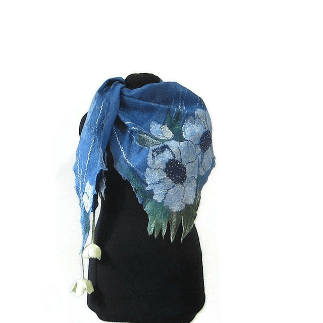 Scialle lana merino seta perline Scialle feltro fiori di lana fatto a mano bactus infeltrimento blu donna Regalo unico per le donne