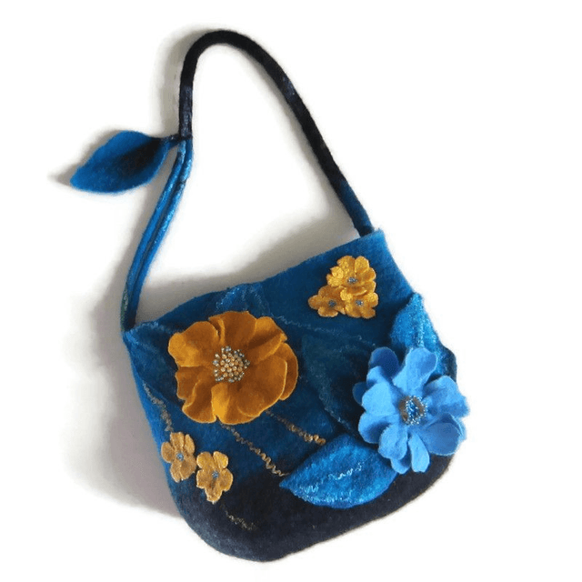 Bag women handmade wool felted shoulder Bag blue turquoise yellow mustard gift for women unique bag for girl bag boho flowers felt handiwork