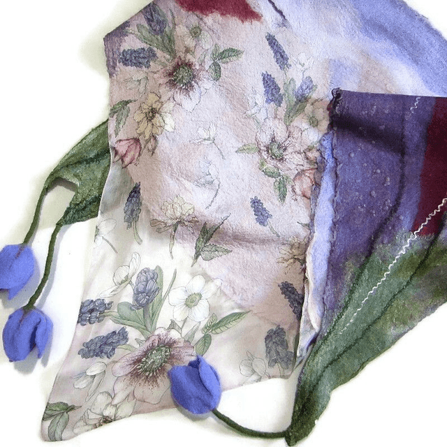 Scialle Bactus lana merino seta feltro Fatto a mano scialle Caldo infeltrimento fiori tulipani Sciarpa Viola donna Scialle Regalo unico