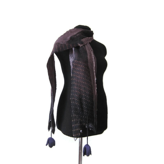 Sciarpa lana merino seta infeltrita fiori tulipani Sciarpa colore nero viola lunga calda donna fatto a mano regali unici per le donne