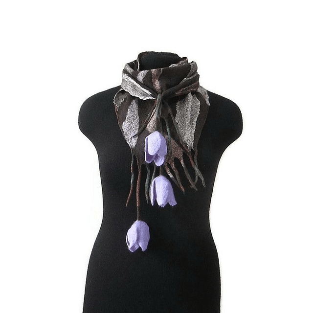 Sciarpa collo piccola lana merino seta infeltrita Fatto a mano Sciarpa marrone donna ragazza calda croco fiori lavanda Regali unici per lei