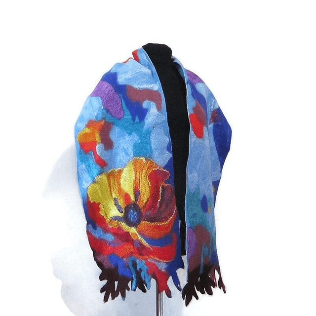 Arte Sciarpa feltro di lana merino seta Stola modello astratto giallo blu infeltrimento fatto a mano Sciarpa caldo regalo unico per le donne