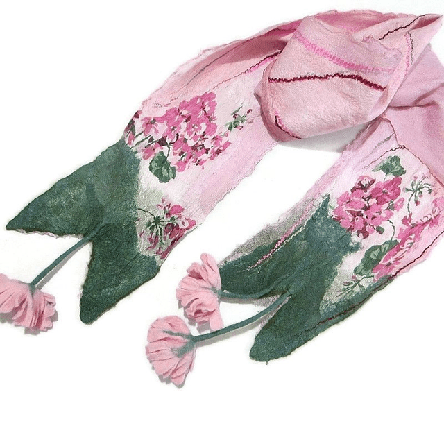 Sciarpa lana merino seta infeltrita fiori feltro Sciarpa rosa lunga calda donna fatto a mano regali unici per donne ragazza