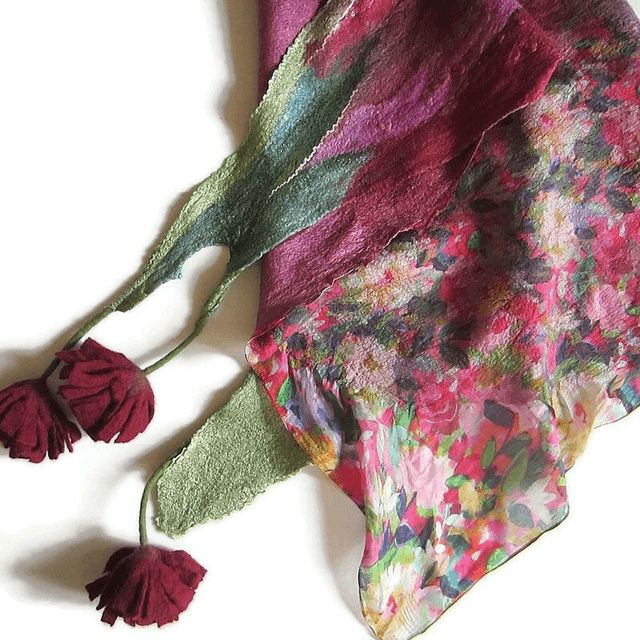 Scialle Bactus lana merino seta feltro Fatto a mano scialle infeltrimento fiori Sciarpa Borgogna donna Scialle Regalo unico
