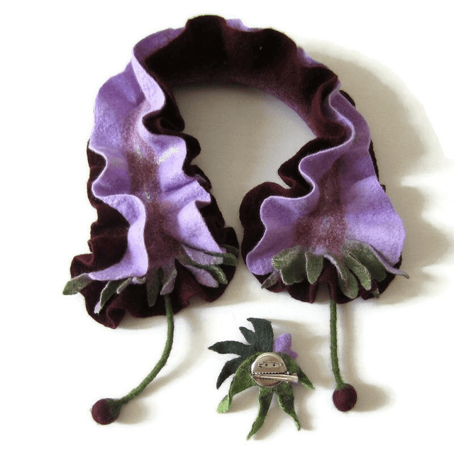 Scarf neckpiece felted wool merino felting Handmade Scarf lavender burgundy color Gift unique for her Scarf little Scarf women girls.