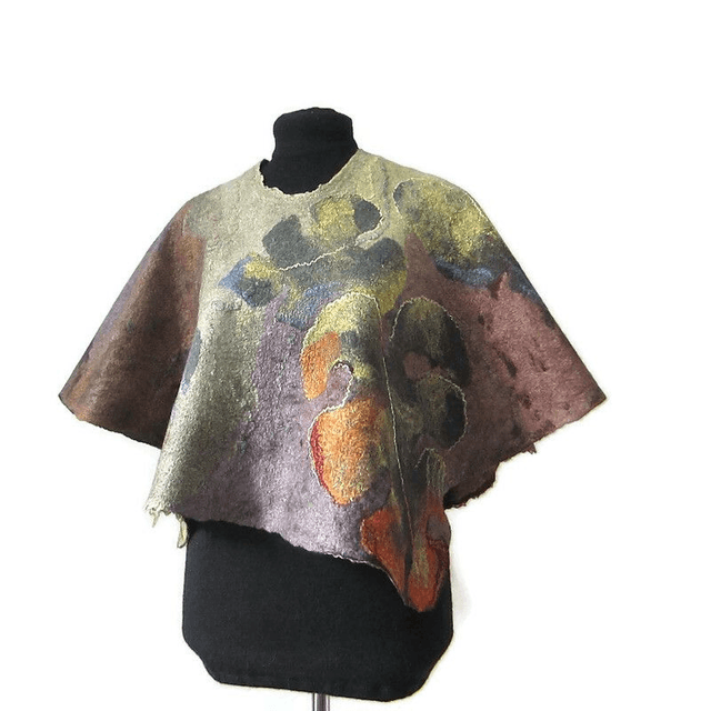 Art Poncho donna lana seta marrone foglie dorate feltro fatto a mano regali unici per le donne