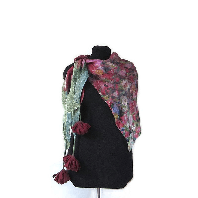 Scialle Bactus lana merino seta feltro Fatto a mano scialle infeltrimento fiori Sciarpa Borgogna donna Scialle Regalo unico