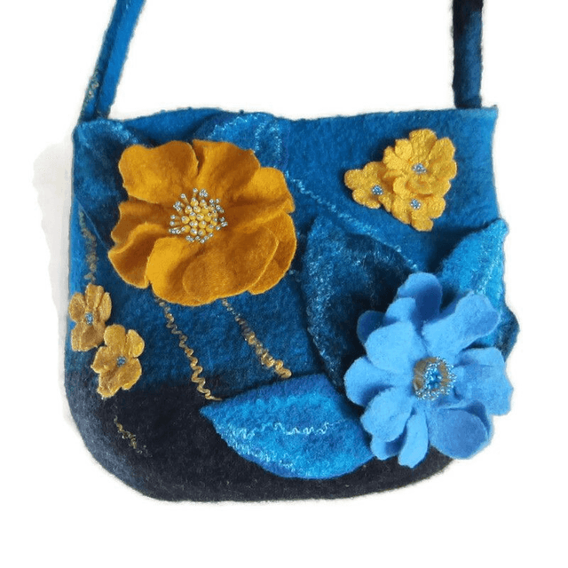 Bag women handmade wool felted shoulder Bag blue turquoise yellow mustard gift for women unique bag for girl bag boho flowers felt handiwork
