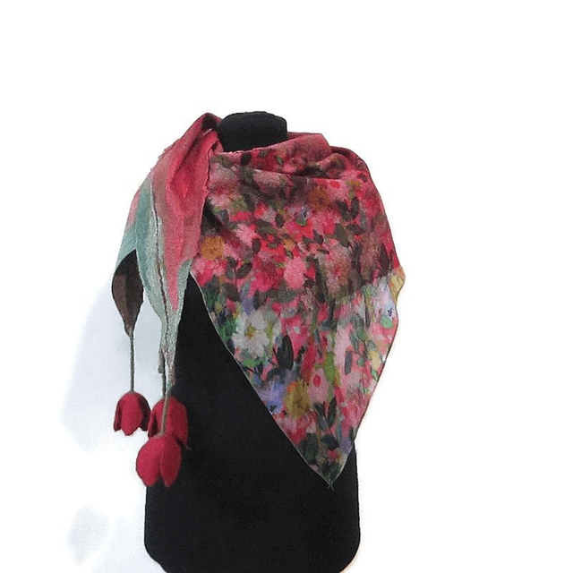 Scialle Bactus lana merino seta feltro Fatto a mano scialle Caldo infeltrimento fiori tulipani Sciarpa rosso donna Scialle Regalo unico