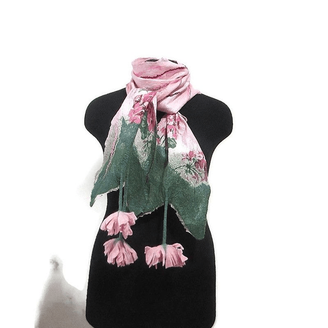 Sciarpa lana merino seta infeltrita fiori feltro Sciarpa rosa lunga calda donna fatto a mano regali unici per donne ragazza