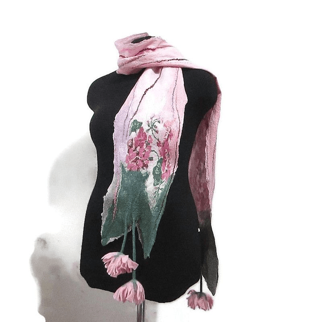Sciarpa lana merino seta infeltrita fiori feltro Sciarpa rosa lunga calda donna fatto a mano regali unici per donne ragazza