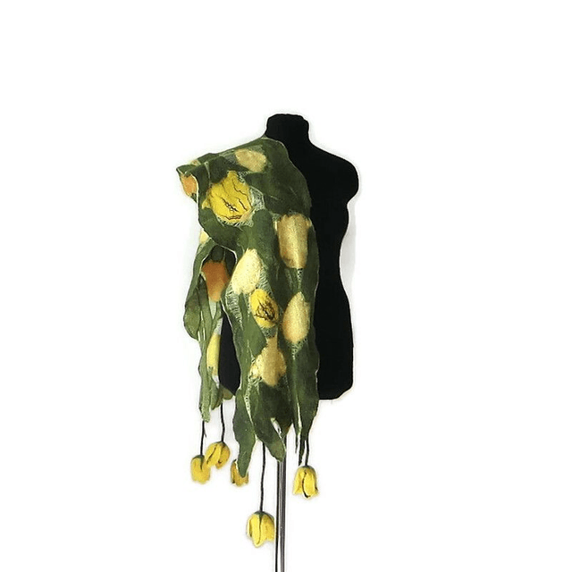 Sciarpa Giallo verde seta lana merino feltro Sciarpa fatta a mano infeltrimento fiori tulipani Sciarpa lunga calda donna Regalo unico