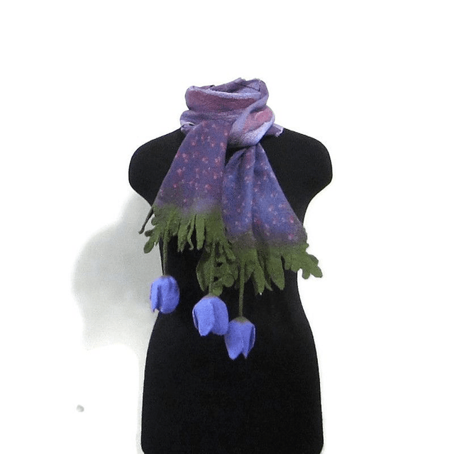 Sciarpa lana merino seta infeltrita fiori Sciarpa Caldo Fatto a mano viola lunga donna regali unici donne regalo ragazza Sciarpa bohémien