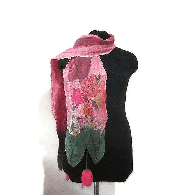 Sciarpa feltro di lana seta Sciarpa rosa lunga calda Sciarpa da donna fiori infeltrimento fatta a mano regali unici per le donne