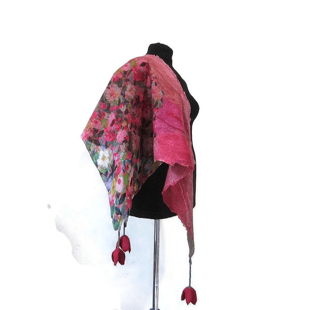 Scialle Bactus lana merino seta feltro Fatto a mano scialle Caldo infeltrimento fiori tulipani Sciarpa rosso donna Scialle Regalo unico