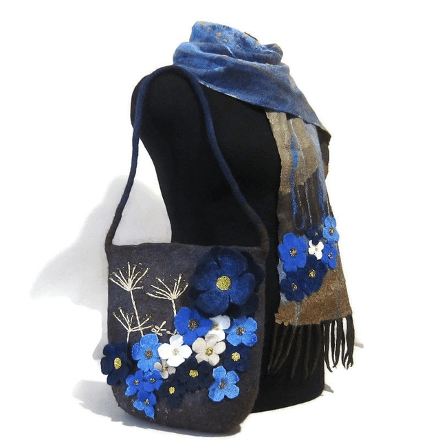 Borsa per donna fatta a mano Borsa a spalla in feltro di lana Borsa marrone blu regalo unica per le donne