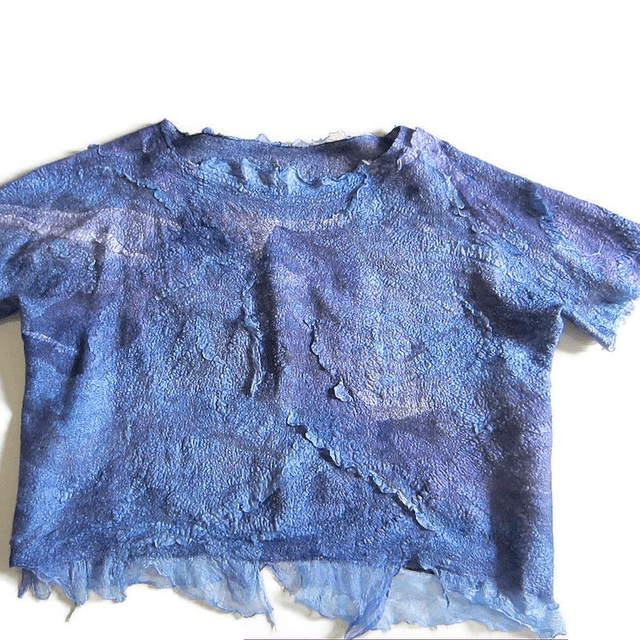 Camicetta da donna in feltro di lana merino fatta a mano Camicetta blu manica corta senza cuciture stile boho