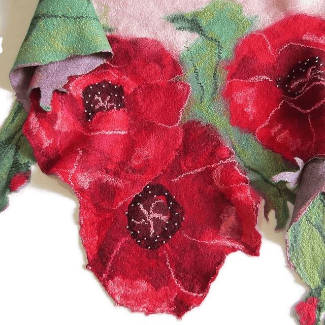 Scialle arte donna papaveri perline fiori feltro lana merino seta viscosa infeltrimento Scialle fatto a mano caldo rosso verde Regalo unico