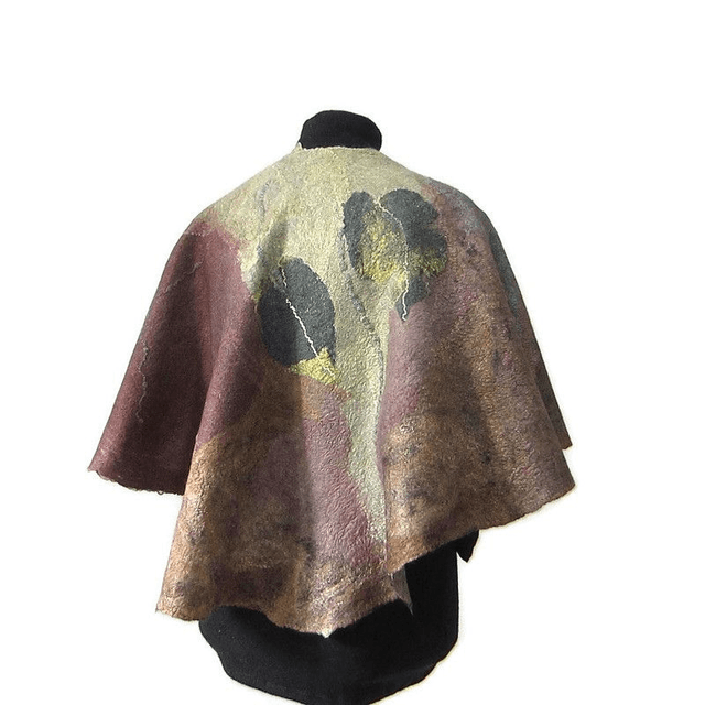 Art Poncho donna lana seta marrone foglie dorate feltro fatto a mano regali unici per le donne