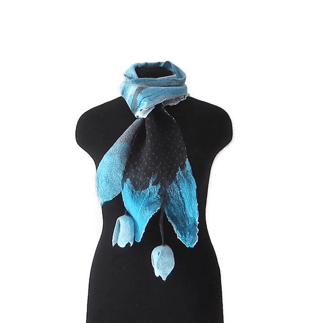 Sciarpa lana merino seta infeltrita fiori tulipani Sciarpa Fatto a mano Blu nero lunga donna regali unici donne regalo ragazza