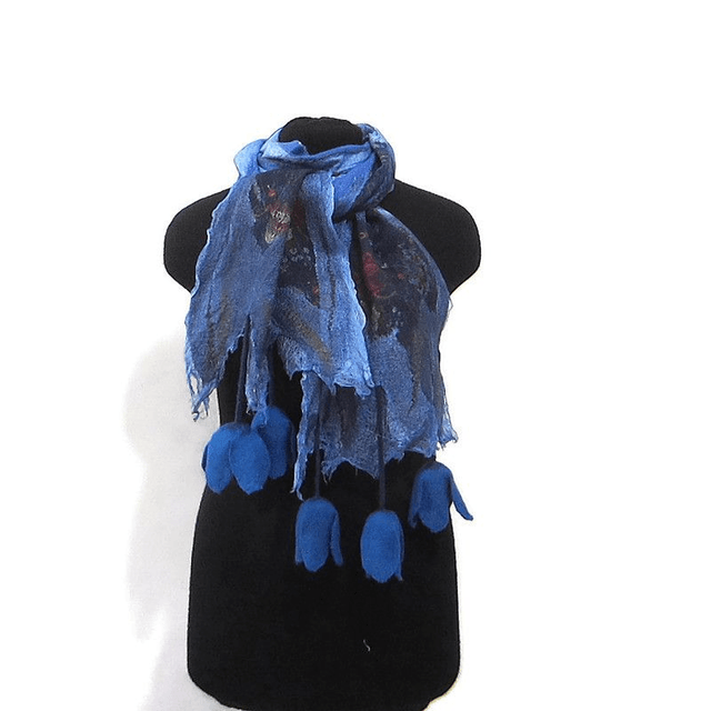 Sciarpa blu lana merino seta infeltrita Sciarpa lunga calda donna con fiori di tulipano feltro fatto a mano regali unici per le donne