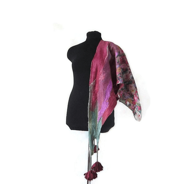 Scialle Bactus lana merino seta feltro Fatto a mano scialle infeltrimento fiori Sciarpa Borgogna donna Scialle Regalo unico