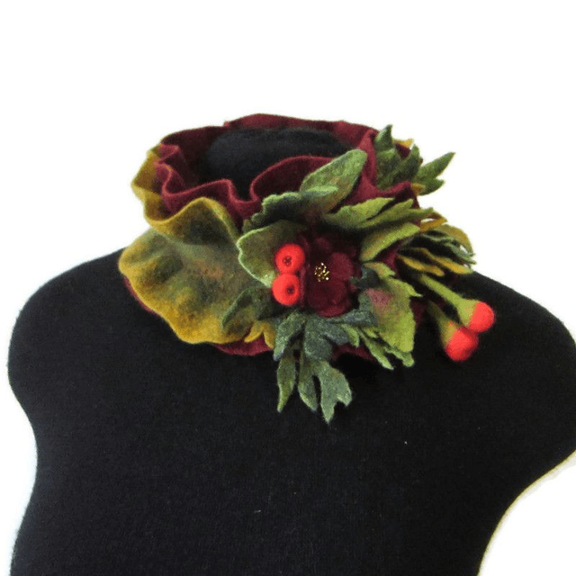 Sciarpa collo infeltrito lana merino infeltrita Sciarpa fatta a mano Sciarpa verde bordeaux Regali unici per lei Sciarpa donna