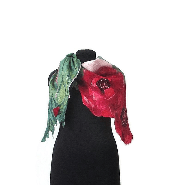 Scialle arte donna papaveri perline fiori feltro lana merino seta viscosa infeltrimento Scialle fatto a mano caldo rosso verde Regalo unico
