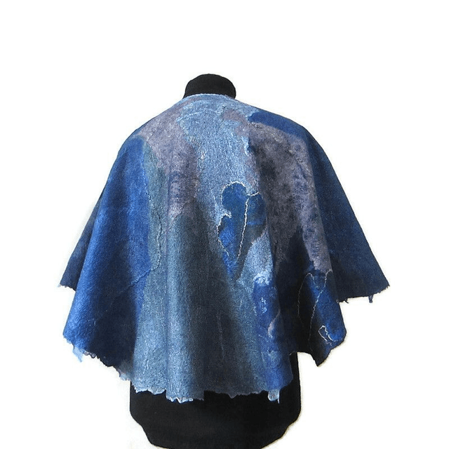 Art Poncho donna lana seta blu verde foglie dorate feltro fatto a mano regali unici per le donne