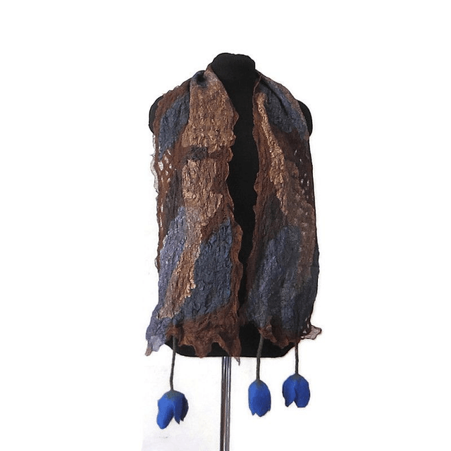 Sciarpa marrone feltro di lana merino seta Sciarpa lunga con tulipani fiori blu infeltrita fatta a mano regali unici per donne stile boho