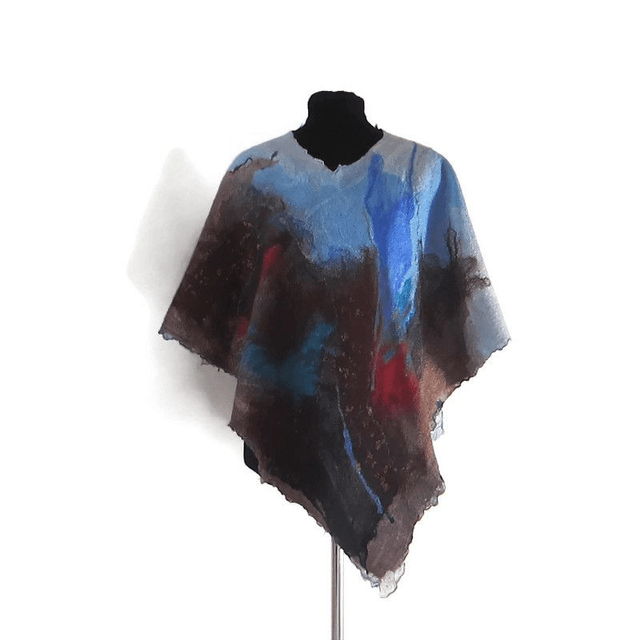 Poncho donna lana merino seta feltro fatto a mano regalo unico per lei Poncho blu marrone infeltrimento mantello boho