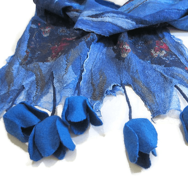 Sciarpa blu lana merino seta infeltrita Sciarpa lunga calda donna con fiori di tulipano feltro fatto a mano regali unici per le donne