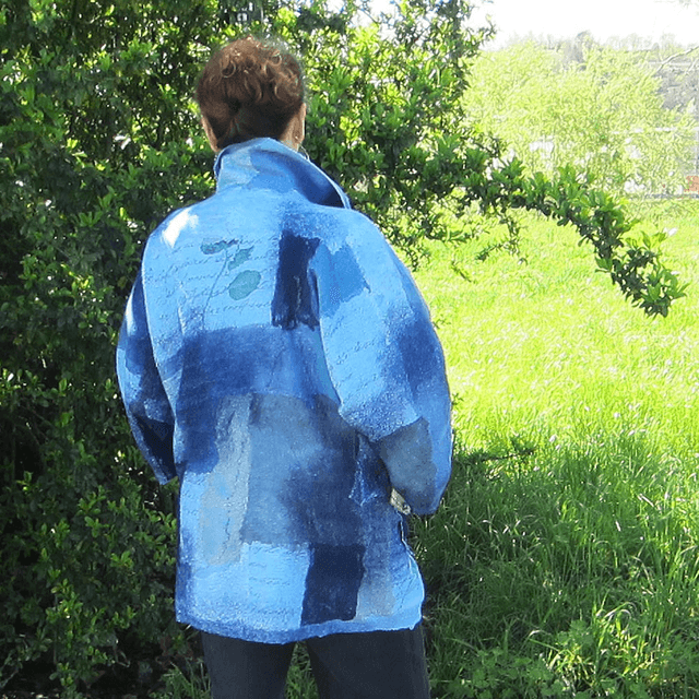 Cardigan Cappotto feltro lana merino seta blu Cappotto fatto a mano da donna Boho