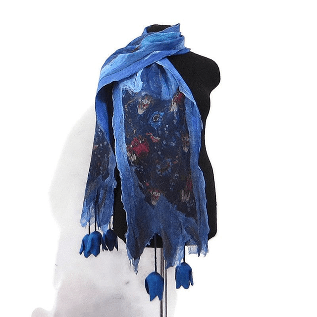 Sciarpa blu lana merino seta infeltrita Sciarpa lunga calda donna con fiori di tulipano feltro fatto a mano regali unici per le donne