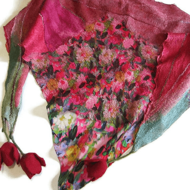 Scialle Bactus lana merino seta feltro Fatto a mano scialle Caldo infeltrimento fiori tulipani Sciarpa rosso donna Scialle Regalo unico