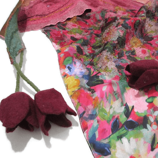 Scialle Bactus lana merino seta feltro Fatto a mano scialle Caldo infeltrimento fiori tulipani Sciarpa rosso donna Scialle Regalo unico