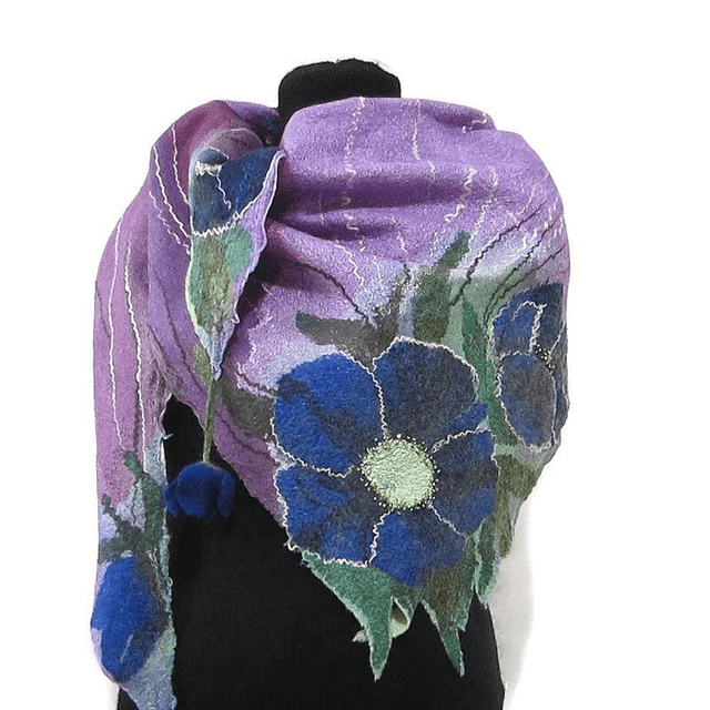 Scialle lana merino seta Scialle feltro fiori di lana fatto a mano bactus infeltrimento lilla donna Regalo unico per le donne