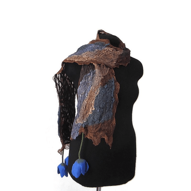 Sciarpa marrone feltro di lana merino seta Sciarpa lunga con tulipani fiori blu infeltrita fatta a mano regali unici per donne stile boho