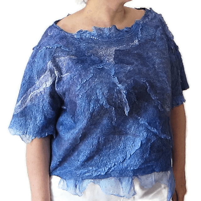 Camicetta da donna in feltro di lana merino fatta a mano Camicetta blu manica corta senza cuciture stile boho