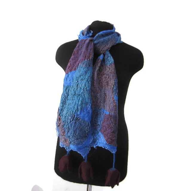 Sciarpa blu feltro di lana seta Sciarpa lunga con tulipani fiori borgogna infeltrita fatta a mano regali unici per donne stile boho