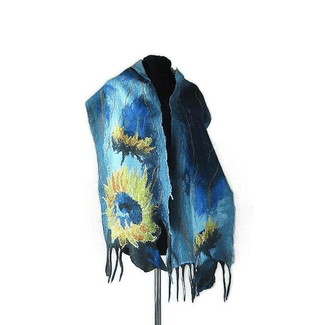 Sciarpa d'arte lana merino seta infeltrita Sciarpa Blu turchese feltro fatto a mano Stola per donna ragazza