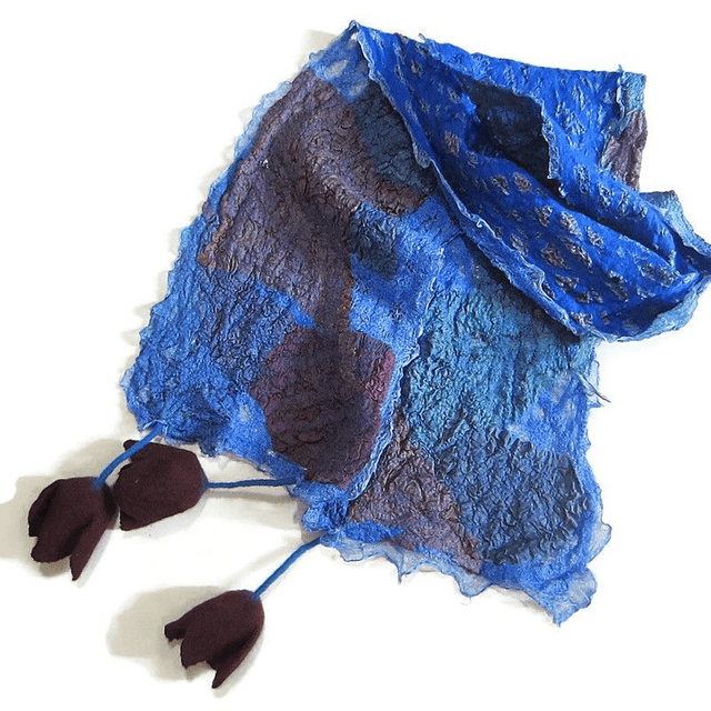 Sciarpa blu feltro di lana seta Sciarpa lunga con tulipani fiori borgogna infeltrita fatta a mano regali unici per donne stile boho