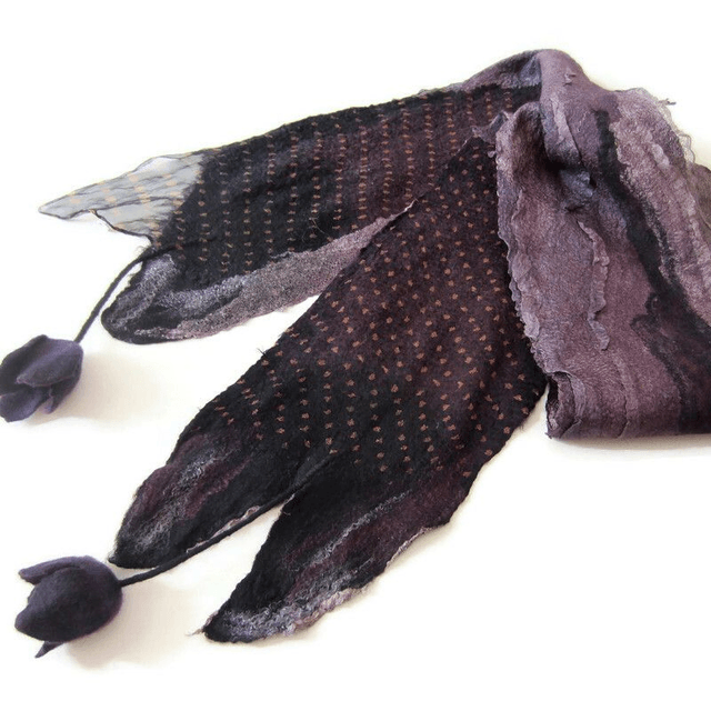Sciarpa lana merino seta infeltrita fiori tulipani Sciarpa colore nero viola lunga calda donna fatto a mano regali unici per le donne