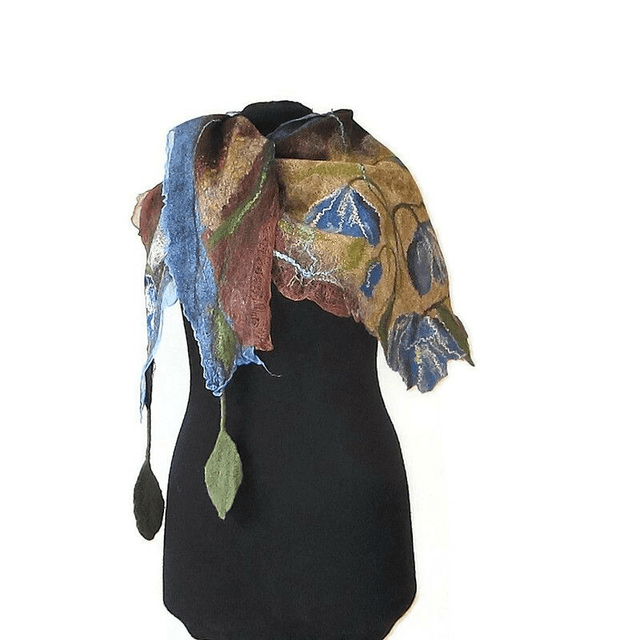 Scialle lana merino seta Scialle feltro fatto a mano scialle caldo bactus infeltrimento blu brown donna Regalo unico per le donne